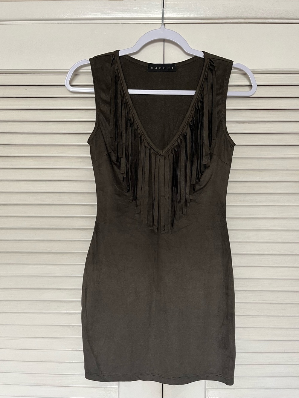 Fringe Mini Dress, v-neck, suede like, women’s S